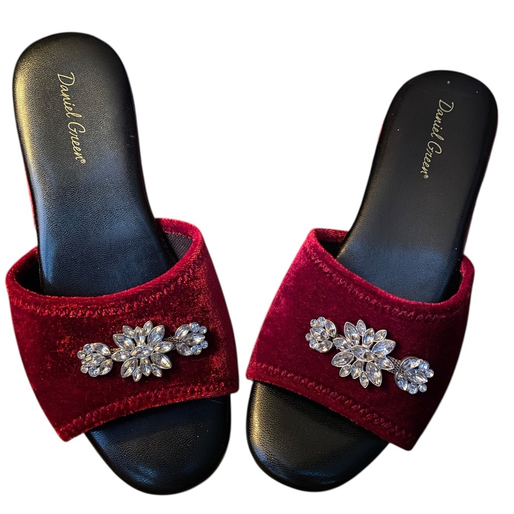 Daniel Green Vintage Deep Ruby Red Velvet Embellished Sandals/Slippers in Box